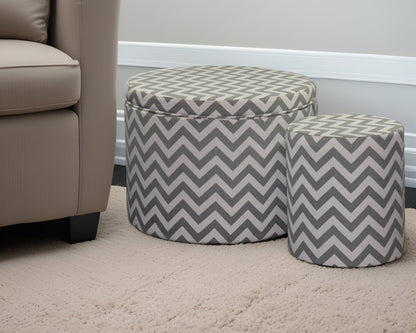 Set of Two Gray and White Polyester Blend Round Geometric Footstool Ottoman