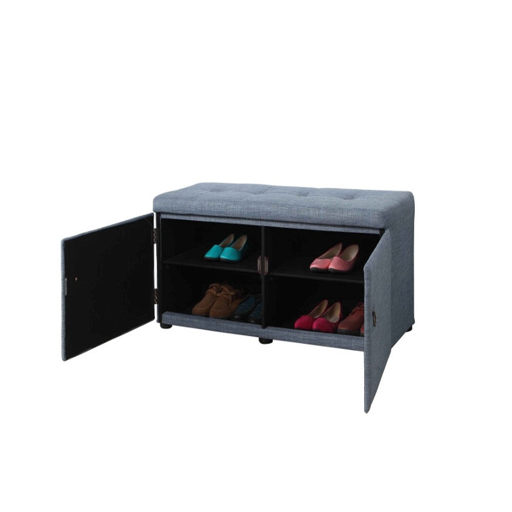 Blue Gray Linen Look Double Door Shoe Storage Bench