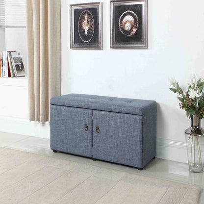 Blue Gray Linen Look Double Door Shoe Storage Bench