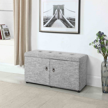 Light Gray Linen Look Double Door Shoe Storage Bench