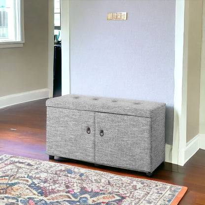 Light Gray Linen Look Double Door Shoe Storage Bench