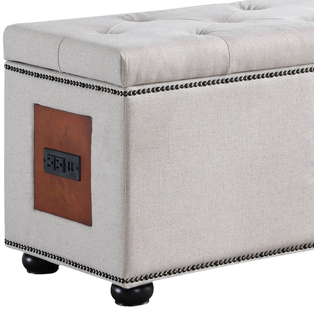 17" Light Khaki Linen And Black Tufted Storage