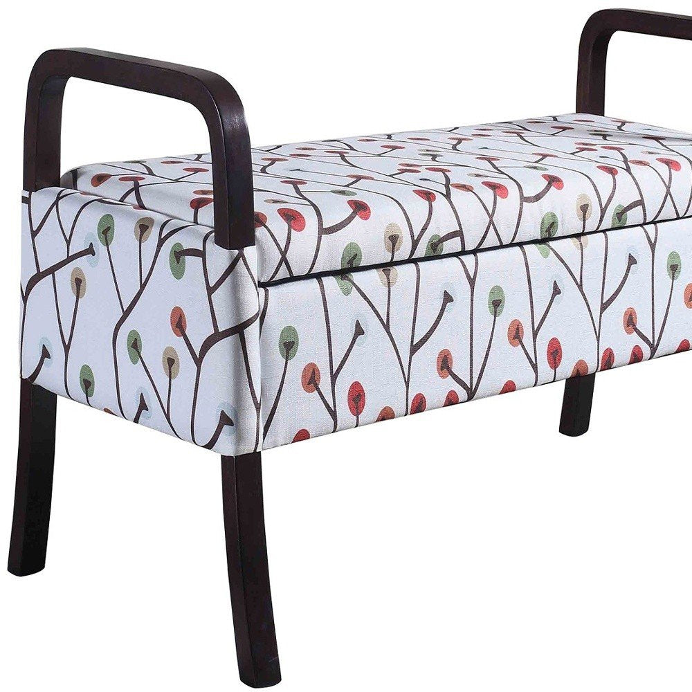17" Red White And Espresso Floral Fabric And Solid Wood Upholstered Storage Entryway Stool With Flip Top