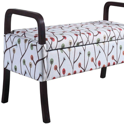 17" Red White And Espresso Floral Fabric And Solid Wood Upholstered Storage Entryway Stool With Flip Top
