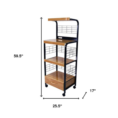 Black and Natural 26" Rolling Kitchen Cart With Storage