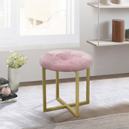 17" Pink Tufted Velvet and Gold Stool