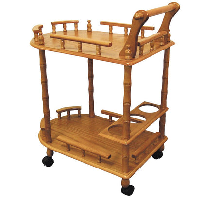 24" Oak Wood Rolling Bar Cart With Wine Storage