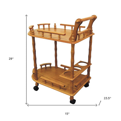24" Oak Wood Rolling Bar Cart With Wine Storage