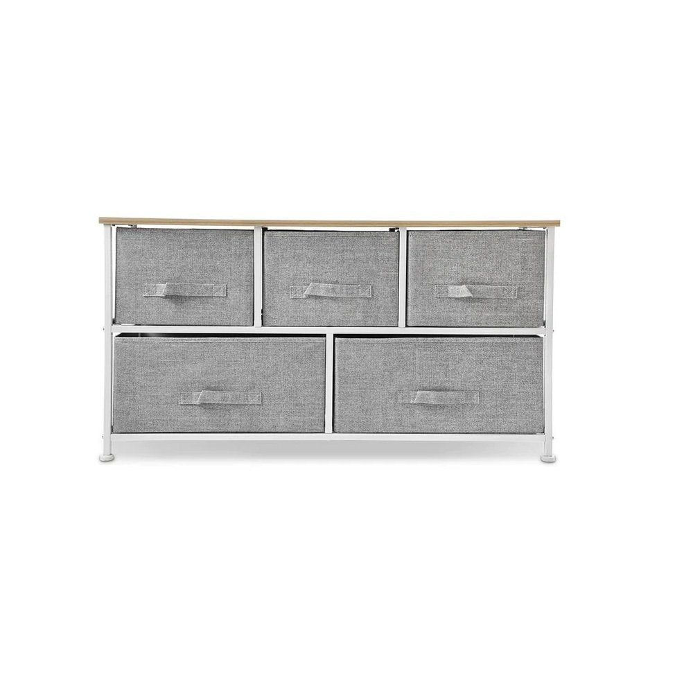 39" Gray Natural And White Wood Steel And Fabric Five Drawer Double Dresser