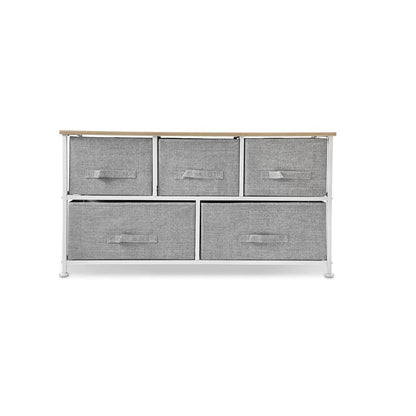 39" Gray Natural And White Wood Steel And Fabric Five Drawer Double Dresser