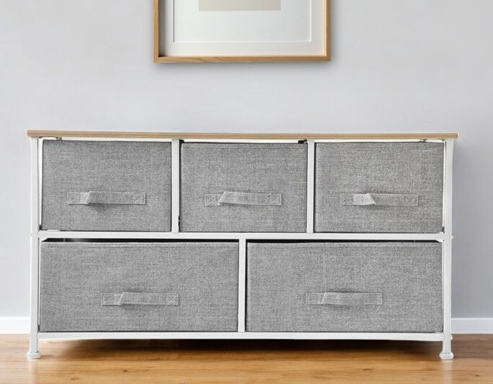 39" Gray Natural And White Wood Steel And Fabric Five Drawer Double Dresser
