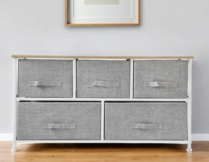 39" Gray Natural And White Wood Steel And Fabric Five Drawer Double Dresser