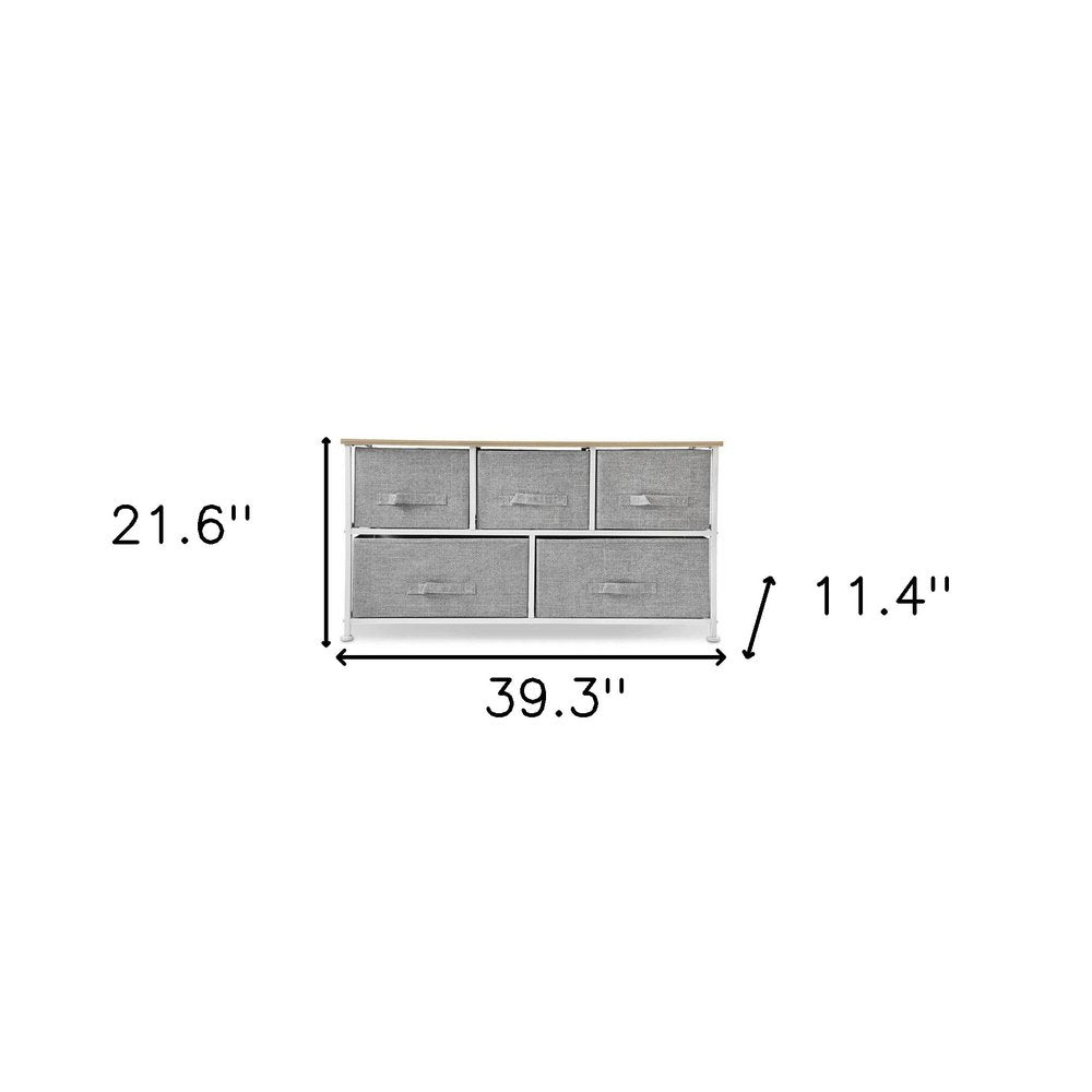 39" Gray Natural And White Wood Steel And Fabric Five Drawer Double Dresser