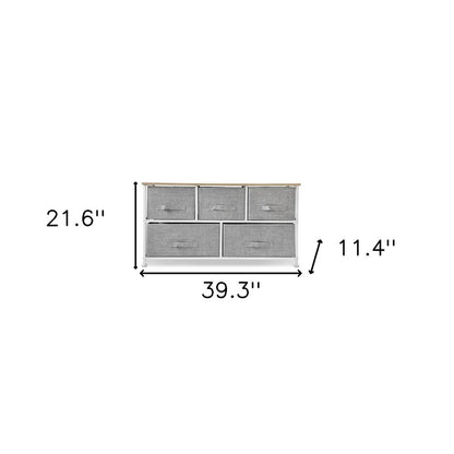 39" Gray Natural And White Wood Steel And Fabric Five Drawer Double Dresser
