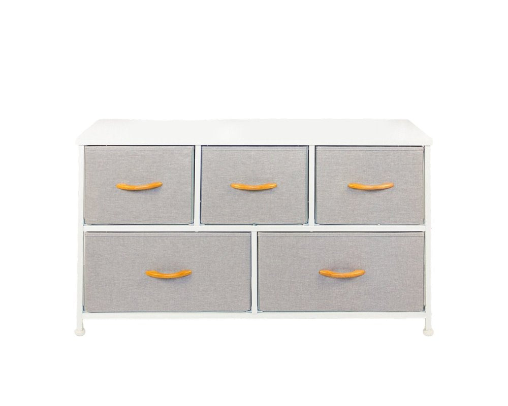 39" Gray And White Wood Steel And Fabric Five Drawer Double Dresser