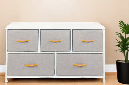 39" Gray And White Wood Steel And Fabric Five Drawer Double Dresser