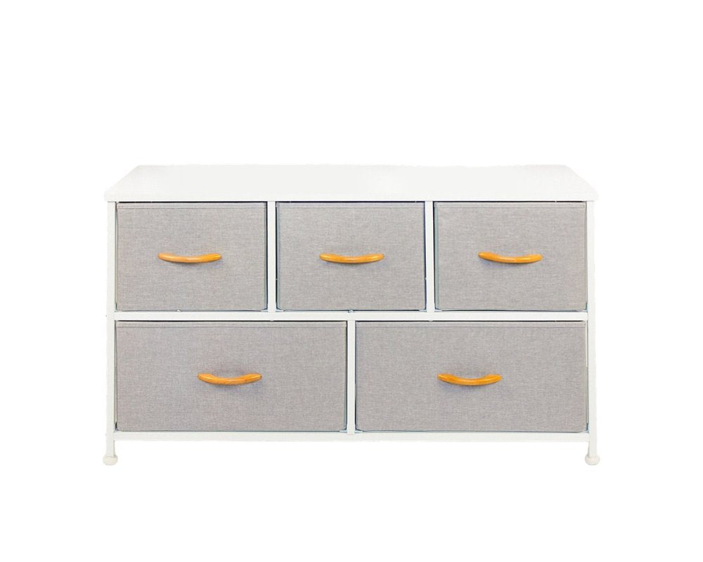 39" Gray And White Wood Steel And Fabric Five Drawer Double Dresser