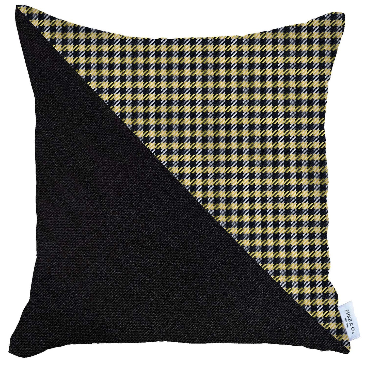 18" X 18" Black And Yellow Houndstooth Zippered Handmade Polyester Throw Pillow Cover