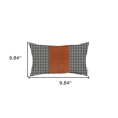 12" X 20" Black And Brown Houndstooth Zippered Handmade Polyester Lumbar Pillow Cover