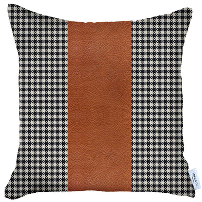 18" X 18" Black And Brown Houndstooth Zippered Handmade Polyester Throw Pillow Cover