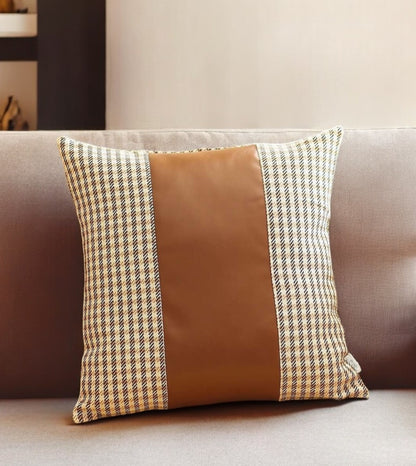 18" X 18" Brown Houndstooth Zippered Handmade Polyester Throw Pillow Cover