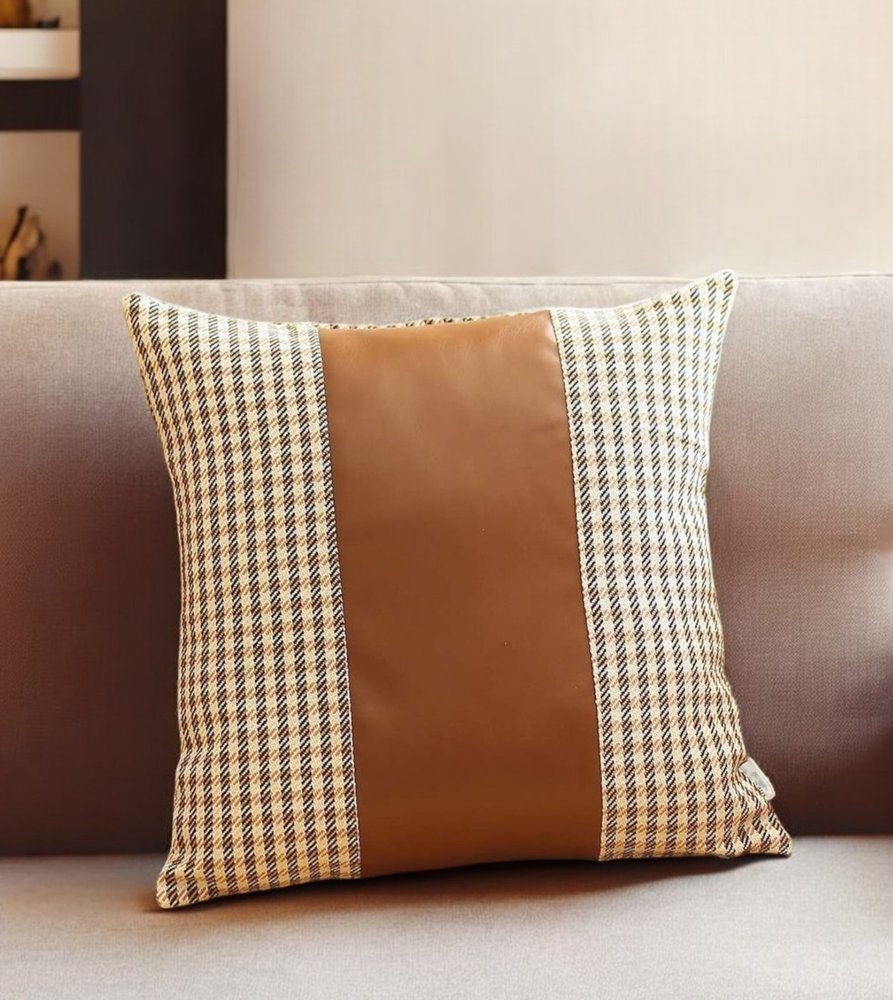 18" Black Brown And White Houndstooth Fabric And Faux Leather Throw Pillow Cover