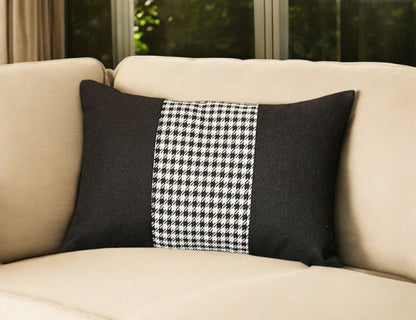 12" X 20" Black And White Houndstooth Zippered Handmade Polyester Lumbar Pillow Cover