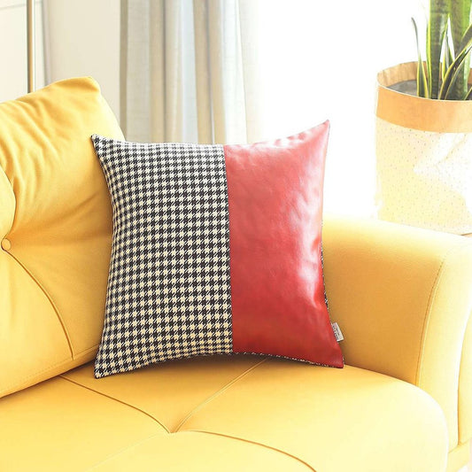 18" Red Black and White Houndstooth Faux Leather And Fabric Throw Pillow Cover