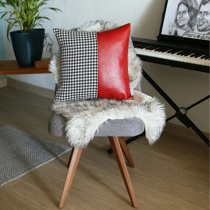 18" Red Black and White Houndstooth Faux Leather And Fabric Throw Pillow Cover