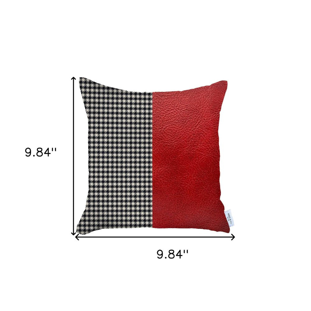 18" Red Black and White Houndstooth Faux Leather And Fabric Throw Pillow Cover