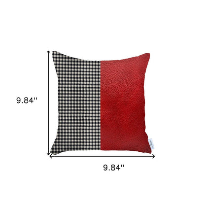 18" Red Black and White Houndstooth Faux Leather And Fabric Throw Pillow Cover