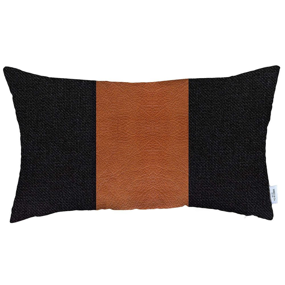 12" X 20" Black And Brown Geometric Zippered Handmade Polyester Lumbar Pillow Cover