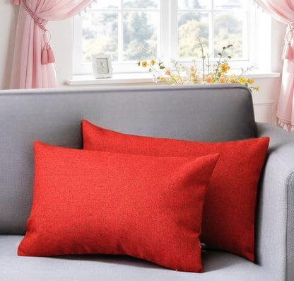 Set of Two 12" X 20" Red Fabric Lumbar Throw Pillows