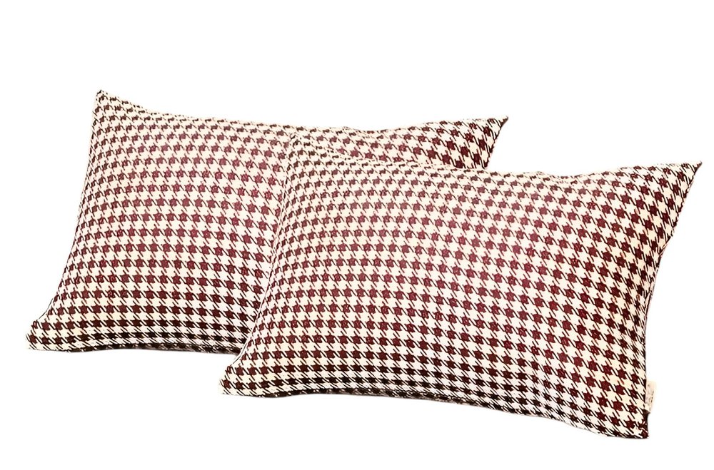 Set of Two 12" X 20" Red and White Houndstooth Fabric Lumbar Throw Pillows