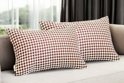 Set Of Two 20" X 12" Red Polyester Houndstooth Zippered Pillow