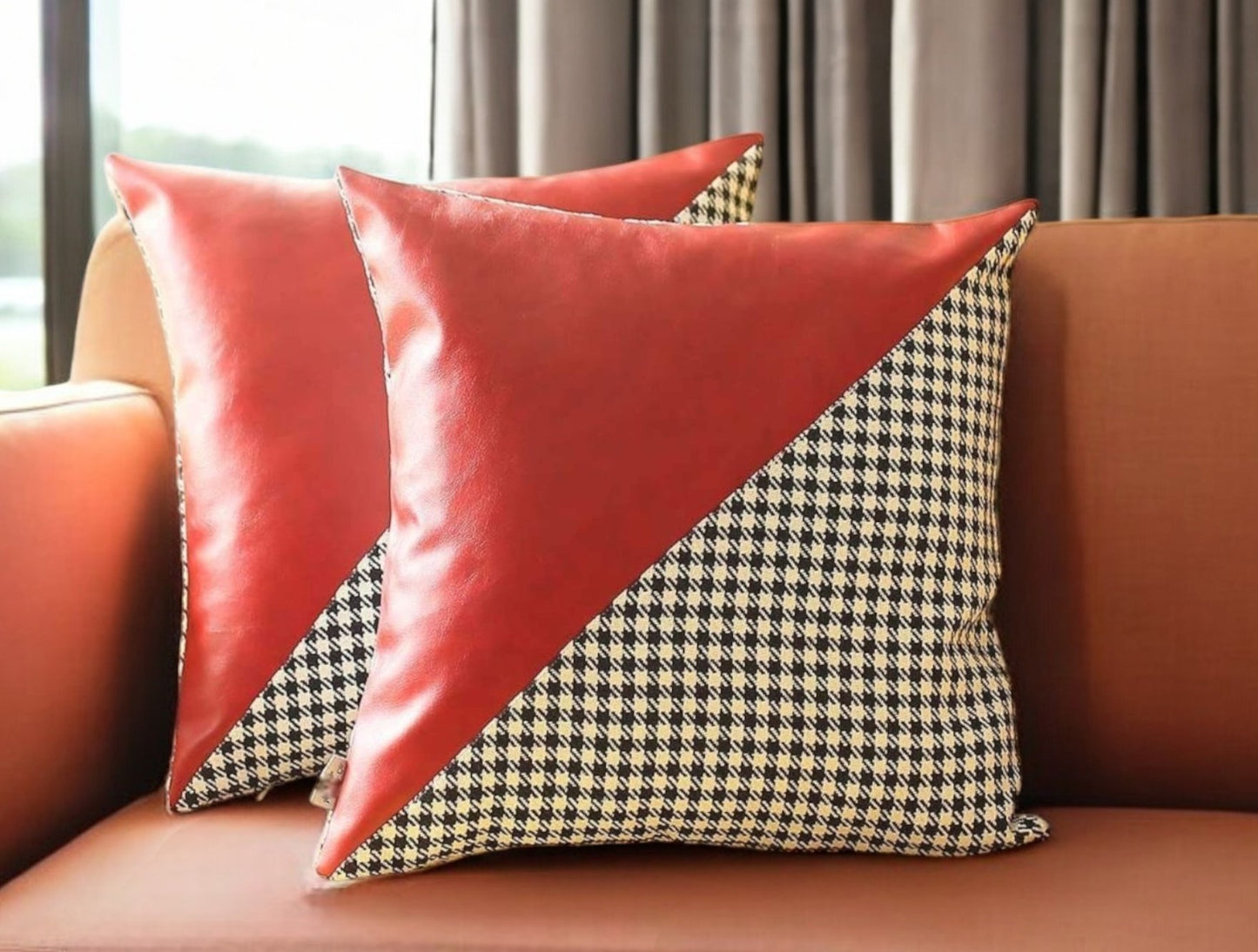 Set Of Two 18" X 18" Black And Red Polyester Houndstooth Zippered Pillow