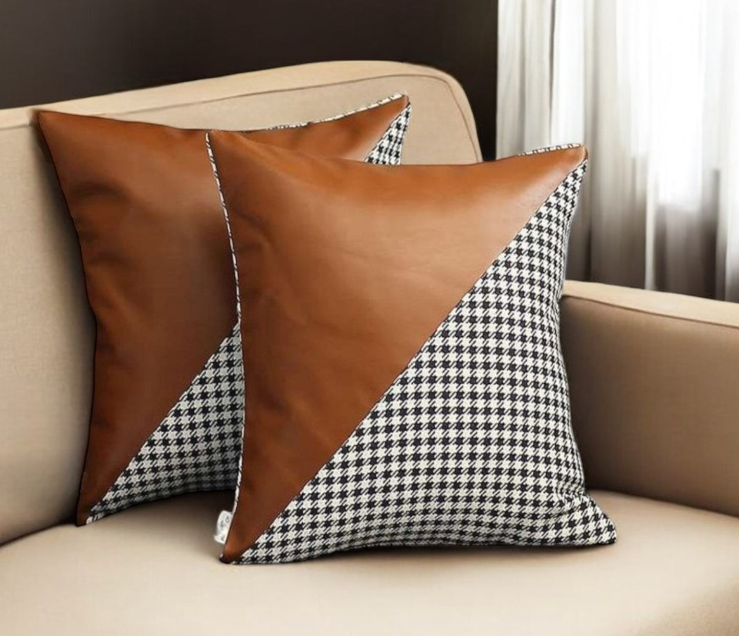 Set Of Two 18" X 18" Brown And Black Polyester Houndstooth Zippered Pillow