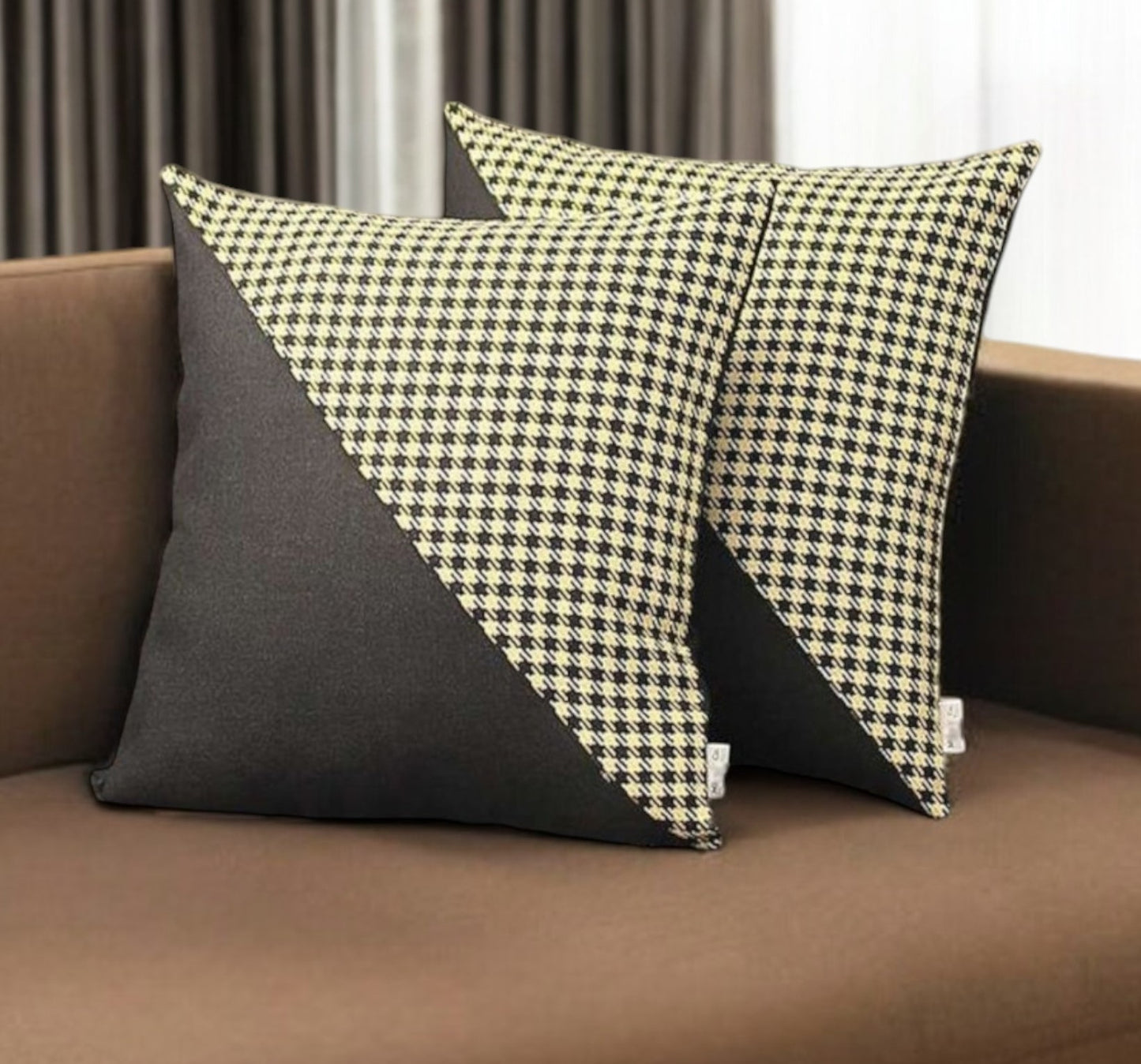 Set Of Two 18" X 18" Black And Yellow Polyester Houndstooth Zippered Pillow