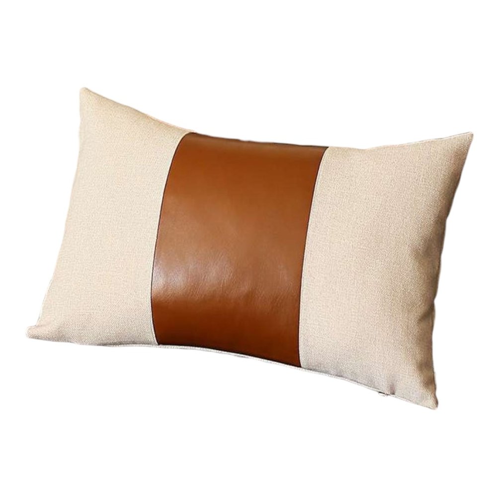 Set of Two 12" X 20" Ivory and Brown Color Block Fabric and Faux Leather Lumbar Throw Pillows