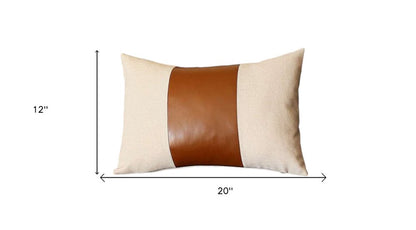 Set of Two 12" X 20" Ivory and Brown Color Block Fabric and Faux Leather Lumbar Throw Pillows