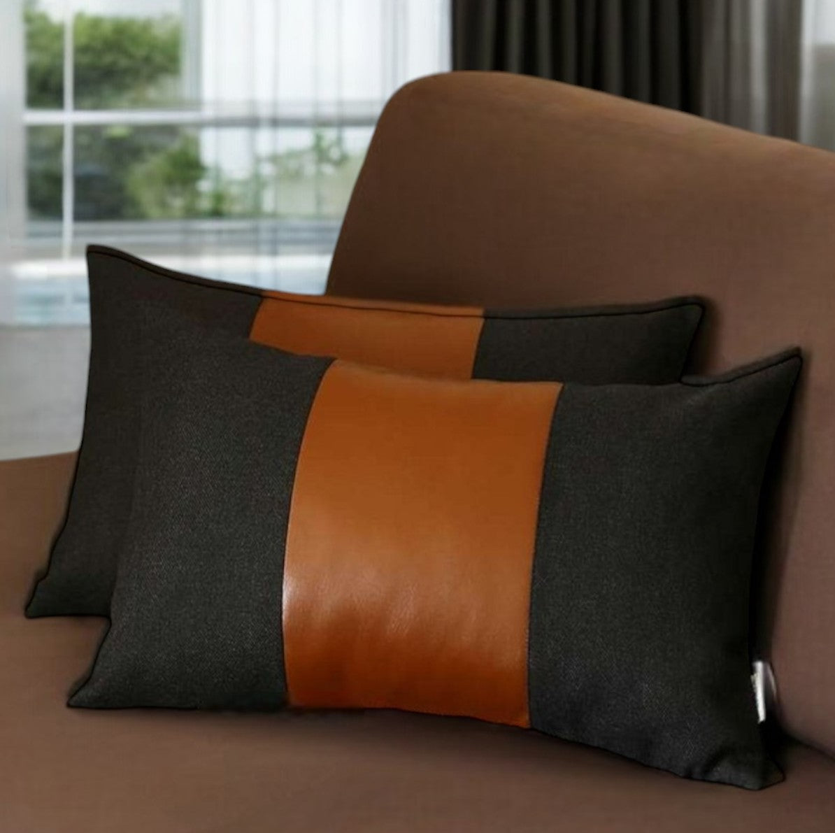 Set Of Two 20" X 12" Black And Brown Polyester Geometric Zippered Pillow