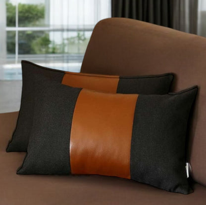 Set Of Two 20" X 12" Black And Brown Polyester Geometric Zippered Pillow