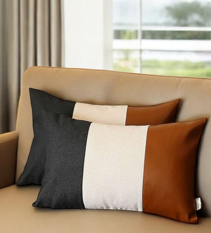 Set Of Two 20" X 12" Black Grey And Brown Polyester Geometric Zippered Pillow