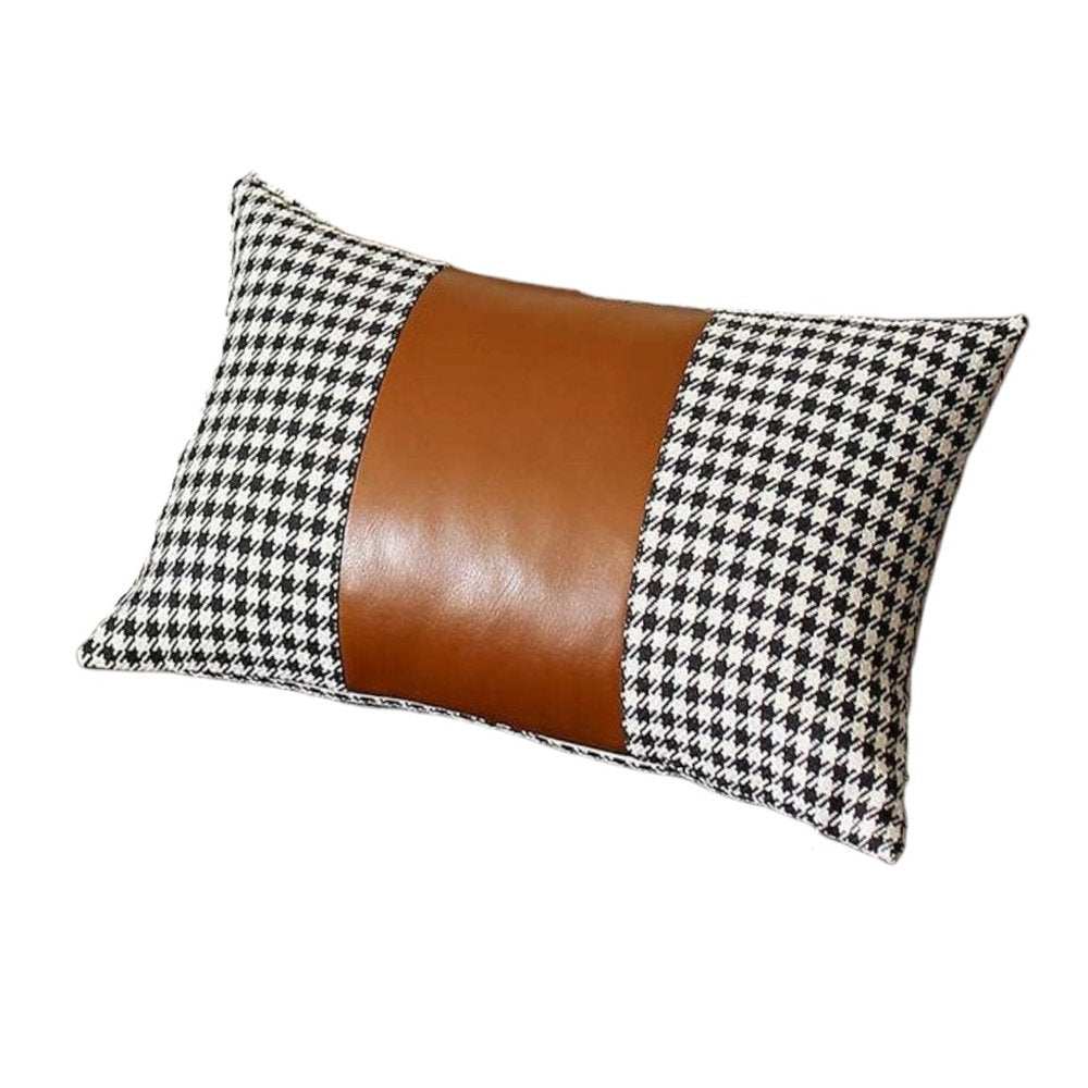 Set of Two 12" X 20" Brown Black and White Houndstooth Fabric and Faux Leather Lumbar Throw Pillows