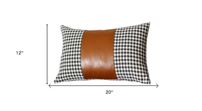 Set of Two 12" X 20" Brown Black and White Houndstooth Fabric and Faux Leather Lumbar Throw Pillows