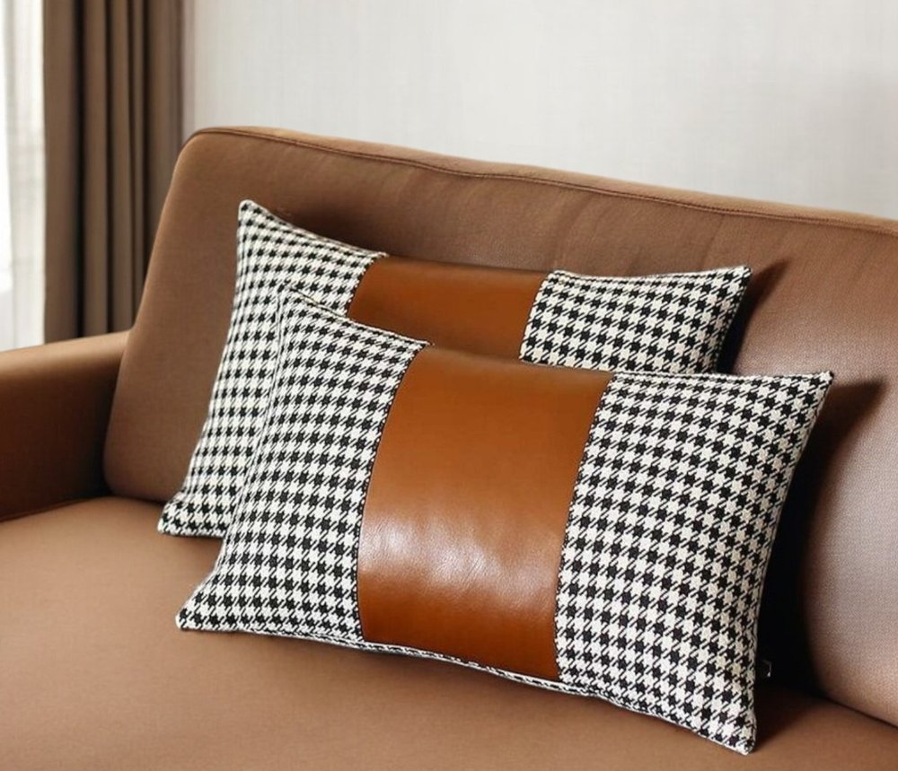 Set of Two 12" X 20" Brown Black and White Houndstooth Fabric and Faux Leather Lumbar Throw Pillows