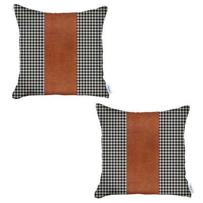 Set Of Two 18" X 18" Black And Brown Houndstooth Zippered Handmade Polyester Throw Pillow