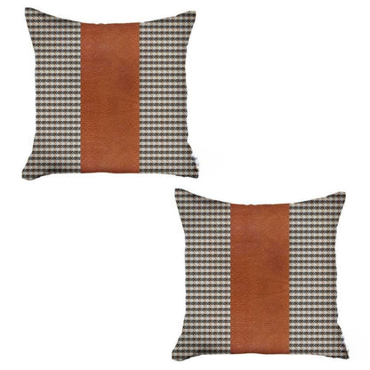 Set Of Two 18" X 18" Brown Houndstooth Zippered Handmade Polyester Throw Pillow