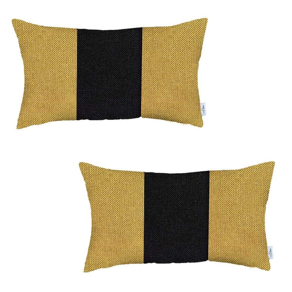 Set Of Two 20" X 12" Black And Yellow Geometric Zippered Handmade Polyester Lumbar Pillow