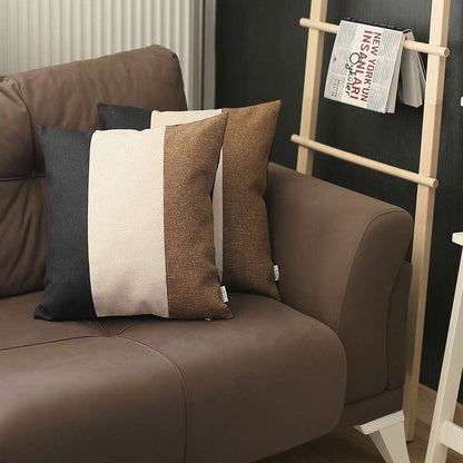 Set of Two 18" Black Ivory And Brown Fabric Throw Pillows
